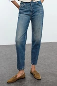 Kadın Moda Şık Kot Pantolon Boru Paça Uzun Boy Denim Soluk Vintage Yüksek Bel Slim Mom Jeans - 3