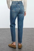 Kadın Moda Şık Kot Pantolon Boru Paça Uzun Boy Denim Soluk Vintage Yüksek Bel Slim Mom Jeans - 5