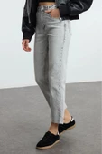Kadın Moda Şık Kot Pantolon Boru Paça Uzun Boy Denim Gri Yüksek Bel Straight Jeans - 3