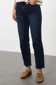Kadın Moda Şık Kot Pantolon Boru Paça Uzun Boy Denim Gece Mavisi Yüksek Bel Straight Fit Jeans - 2