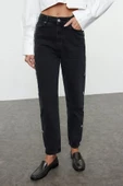 Kadın Moda Şık Kot Pantolon Boru Paça Uzun Boy Denim Taşlı Yüksek Bel Mom Jeans - 1