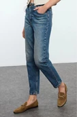 Kadın Moda Şık Kot Pantolon Boru Paça Uzun Boy Denim Soluk Vintage Yüksek Bel Slim Mom Jeans - 4