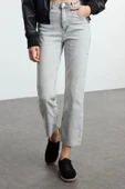 Kadın Moda Şık Kot Pantolon Boru Paça Uzun Boy Denim Gri Yüksek Bel Straight Jeans - 2