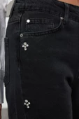 Kadın Moda Şık Kot Pantolon Boru Paça Uzun Boy Denim Taşlı Yüksek Bel Mom Jeans - 3