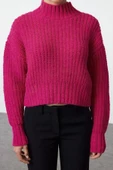 Kadın Moda Şık Dik Yaka Standart Kol Crop Yumuşak Dokulu Basic Kalın Örgü Detaylı Triko Kazak - 1