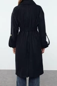 Kadın Moda Şık Regular Ceket Yaka Midi Düz Astarlı Kemerli Kolları Katlanabilir Yünlü Trençkot Kaban - 5
