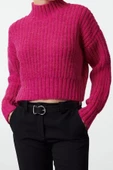 Kadın Moda Şık Dik Yaka Standart Kol Crop Yumuşak Dokulu Basic Kalın Örgü Detaylı Triko Kazak - 2