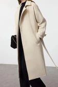 Kadın Moda Şık Bol Ceket Yaka Uzun Düz Astarlı Oversize Yünlü Trençkot Kaban - 3