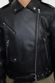 Kadın Moda Şık Regular Ceket Yaka Standart Düz Astarlı Regular Suni Deri Biker Ceket Mont - 4