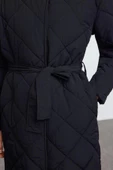 Kadın Moda Şık Bol Ceket Yaka Uzun Düz Astarlı Oversize Kuşaklı Uzun Kapitone Şişme Mont - 4