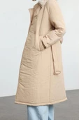 Kadın Moda Şık Regular Ceket Yaka Uzun Düz Astarlı Yakası Peluş Kemerli Su İtici Parka Şişme Mont - 4