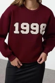 Kadın Relaxed Bisiklet Yaka Düşük Kol Uzun Kalın Polarlı Normal Kesim Slogan Nakışlı Örme Sweatshirt - 2
