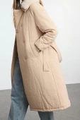 Kadın Moda Şık Regular Ceket Yaka Uzun Düz Astarlı Yakası Peluş Kemerli Su İtici Parka Şişme Mont - 3