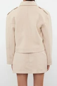 Kadın Moda Şık Regular Ceket Yaka Standart Düz Astarlı Örme Kaşe Crop Biker İnce Ceket Mont - 6