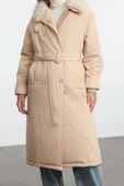 Kadın Moda Şık Regular Ceket Yaka Uzun Düz Astarlı Yakası Peluş Kemerli Su İtici Parka Şişme Mont - 2