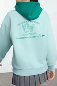 Kadın Moda Şık Bol Kapüşonlu Düşük Kol Uzun Sırt Baskılı ve Geniş Kalıp Örme Sweatshirt - 4