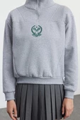 Kadın Fermuarlı Yaka Düşük Kol Standart Nakışlı Kalıp Kalın Polarlı Fermuarlı Yaka Örme Sweatshirt - 1
