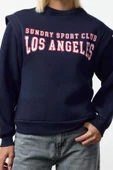 Kadın Bisiklet Yaka Düşük Kol Slogan Baskılı Geniş Kalıp Kalın İçi Polarlı Örme Sweatshirt - 2