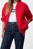 Kadın Oversize Bisiklet Yaka Düşük Kol Uzun Fermuarlı Geniş Kalıp Kalın İçi Polarlı Örme Sweatshirt - 2