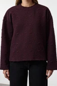 Kadın Moda Şık Regular Bisiklet Yaka Standart Kol Regular Jakarlı Normal Kalıp Örme Sweatshirt - 1