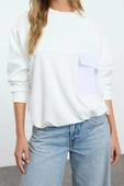 Kadın Bol Bisiklet Yaka Düşük Kol Uzun Yumuşak Tuşeli Paraşüt Cep Geniş Kesim Örme Sweatshirt - 3