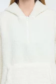 Kadın Moda Şık Bol Kapüşonlu Düşük Kol Uzun Fermuarlı Overize Geniş Kalıp Peluş Örme Sweatshirt - 4