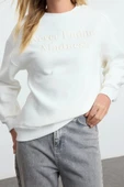 Kadın Bol Bisiklet Yaka Düşük Kol Uzun Slogan Nakışlı Geniş Kalıp Kalın İçi Polarlı Örme Sweatshirt - 3