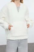Kadın Moda Şık Bol Kapüşonlu Düşük Kol Uzun Fermuarlı Overize Geniş Kalıp Peluş Örme Sweatshirt - 3