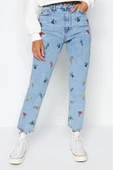 Kadın Moda Şık Kot Pantolon Dar Paça Regular Boy Denim Mavi Nakışlı Yüksek Bel Mom Jeans - 2