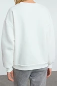 Kadın Bol Bisiklet Yaka Düşük Kol Uzun Slogan Nakışlı Geniş Kalıp Kalın İçi Polarlı Örme Sweatshirt - 5
