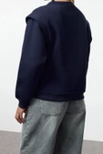 Kadın Bisiklet Yaka Düşük Kol Slogan Baskılı Geniş Kalıp Kalın İçi Polarlı Örme Sweatshirt - 5