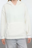 Kadın Moda Şık Bol Kapüşonlu Düşük Kol Uzun Fermuarlı Overize Geniş Kalıp Peluş Örme Sweatshirt - 1
