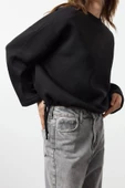 Kadın Moda Şık Relaxed Bisiklet Yaka Düşük Kol Regular Rahat Kalıp Stoper Detaylı Örme Sweatshirt - 2