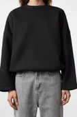 Kadın Moda Şık Relaxed Bisiklet Yaka Düşük Kol Regular Rahat Kalıp Stoper Detaylı Örme Sweatshirt - 1