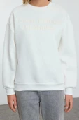 Kadın Bol Bisiklet Yaka Düşük Kol Uzun Slogan Nakışlı Geniş Kalıp Kalın İçi Polarlı Örme Sweatshirt - 1