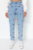 Kadın Moda Şık Kot Pantolon Dar Paça Regular Boy Denim Mavi Nakışlı Yüksek Bel Mom Jeans - 1