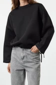 Kadın Moda Şık Relaxed Bisiklet Yaka Düşük Kol Regular Rahat Kalıp Stoper Detaylı Örme Sweatshirt - 3