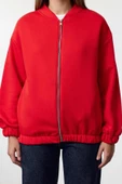 Kadın Oversize Bisiklet Yaka Düşük Kol Uzun Fermuarlı Geniş Kalıp Kalın İçi Polarlı Örme Sweatshirt - 1