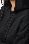 Kadın Relaxed Fermuarlı Yaka Düşük Kol Kalın İçi Polarlı Fermuarlı Crop Örme Sweatshirt - 4