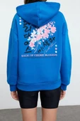 Kadın Moda Şık Bol Kapüşonlu Düşük Kol Uzun Ön Arka Baskılı Geniş Kalıp Örme Sweatshirt - 5