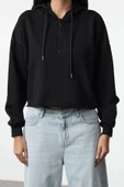 Kadın Relaxed Fermuarlı Yaka Düşük Kol Kalın İçi Polarlı Fermuarlı Crop Örme Sweatshirt - 1