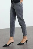 Kadın Moda Şık Kot Pantolon Dar Paça Regular Boy Denim Antrasit Yüksek Bel Mom Jeans - 3