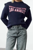 Kadın Bisiklet Yaka Düşük Kol Slogan Baskılı Geniş Kalıp Kalın İçi Polarlı Örme Sweatshirt - 3