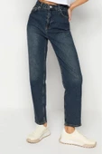 Kadın Moda Şık Kot Pantolon Boru Paça Regular Boy Denim Mavi Yüksek Bel Slim Mom Jeans - 2