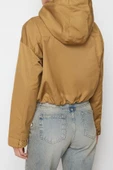 Kadın Moda Şık Bol Kapüşonlu Yaka Crop Düz Astarlı Crop Kol Kıvırma İnce Yağmurluk Rüzgarlık Mont - 6