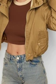 Kadın Moda Şık Bol Kapüşonlu Yaka Crop Düz Astarlı Crop Kol Kıvırma İnce Yağmurluk Rüzgarlık Mont - 2
