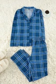 Kadın Moda Şık Gömlek Yaka Boru Paça Uzun Kol %100 Pamuklu Ekoseli Örme Pijama Takımı - 1