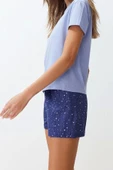 Kadın %100 Pamuk Bisiklet Yaka Kısa Kol %100 Pamuk Yıldız Desenli Örme Pijama Takımı - 4