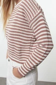 Kadın Moda Şık Bisiklet Yaka Standart Kol Crop Çizgili Triko Kazak - 3