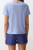 Kadın %100 Pamuk Bisiklet Yaka Kısa Kol %100 Pamuk Yıldız Desenli Örme Pijama Takımı - 6
